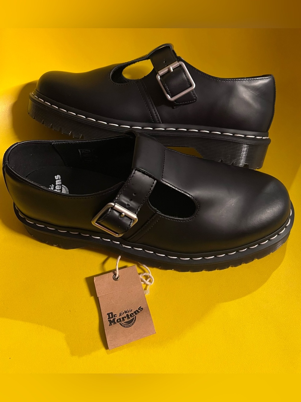 11 Dr. Martens Black Smooth Leather T strap Silver Buckle White Stitching shoes